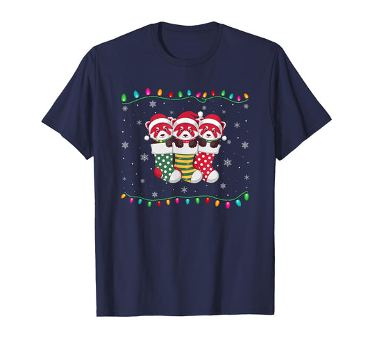 Xmas Tree Lights Funny Red Panda in Christmas Socks T-Shirt