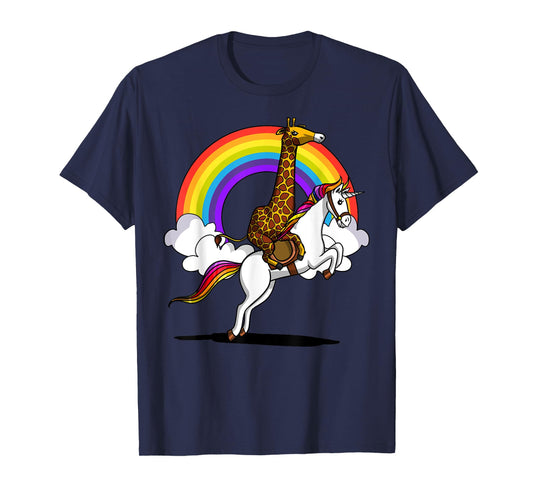 Giraffe Riding Unicorn Magical Rainbow Funny Boys Girls Kids T-Shirt