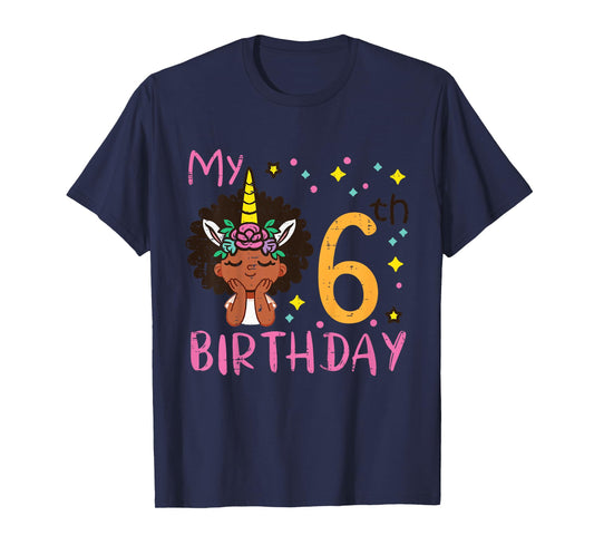 6th Birthday Afro Black Girl Unicorn 6 Year Old Bday Girls T-Shirt