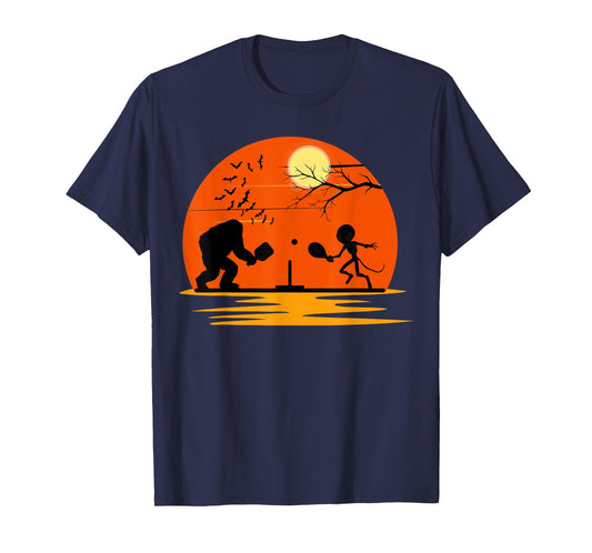 Bigfoot and Alien Playing Pickleball Halloween Sunset T-Shirt