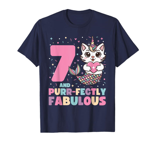 7th Birthday 7 Years Old Mermaid Unicorn Cat Girls Unicorn T-Shirt
