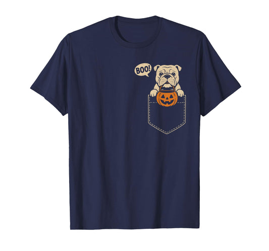 Funny English Bulldog Halloween Cute Dog Pocket Boo Pumpkin T-Shirt