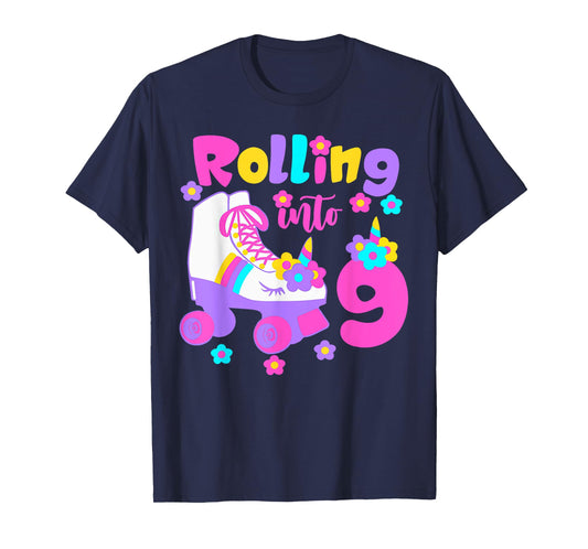 Rolling Into 9 Years Old Roller Skating Girl 9th Birthday T-Shirt