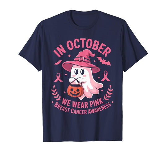 Halloween Ghost in October We Wear Pink Breast Cancer Women T-Shirt