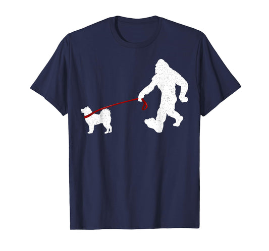 Funny Bigfoot Walking with Alaskan Malamute Dog Lover T-Shirt