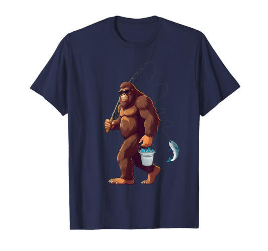 Bigfoot Fishing Funny Retro Sasquatch Fisherman Dad Men Kids T-Shirt