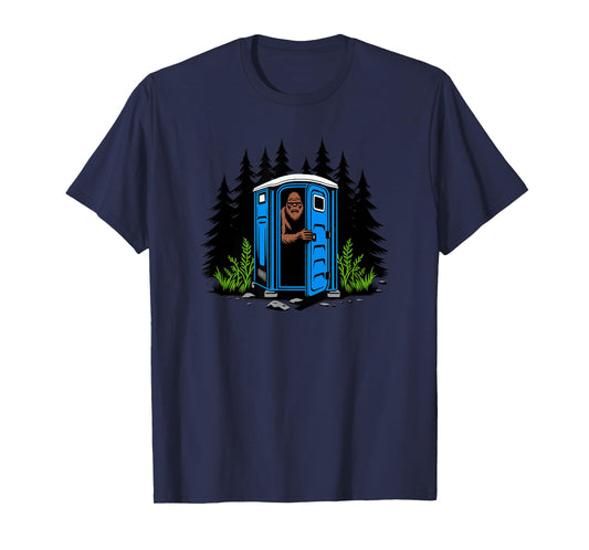 Utopia Sport Bigfoot Shop Bigfoot Peeking Out Of A Porta Potty In The Woods T-Shirt
