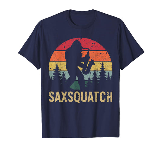 SaxSquatch Retro Sunset Yeti Bigfoot Saxophone Music Forest T-Shirt