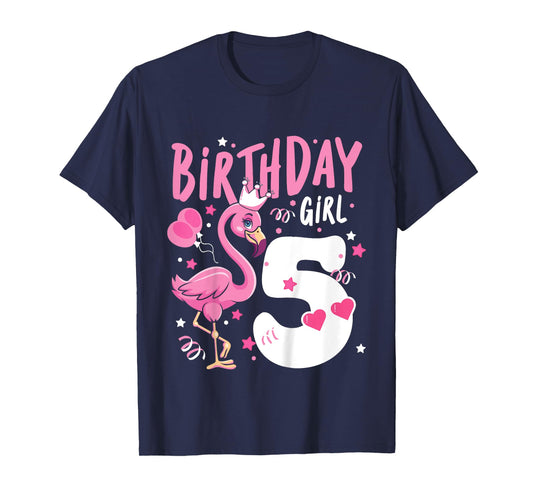 Kids 5th Birthday Gift Flamingo Fan 5 Year Old Girls 5th Bday T-Shirt