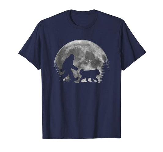 Bigfoot Walking a Dog Funny St. Bernard Lover Moon Halloween T-Shirt for Men Women Kids