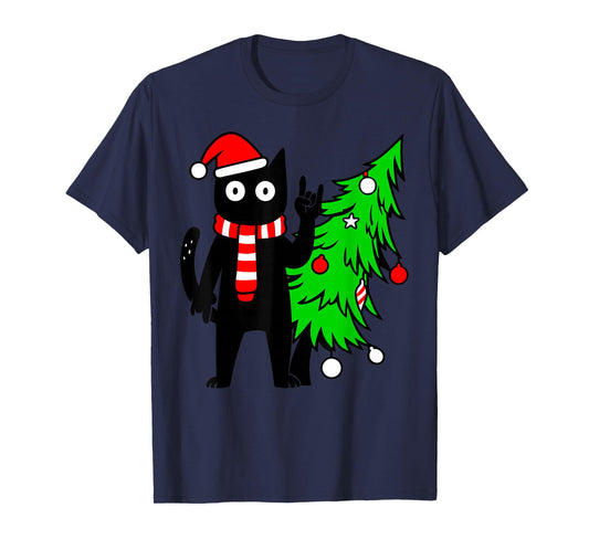 Christmas Cat for Women Men Family Funny Black Cat Tree T-Shirt
