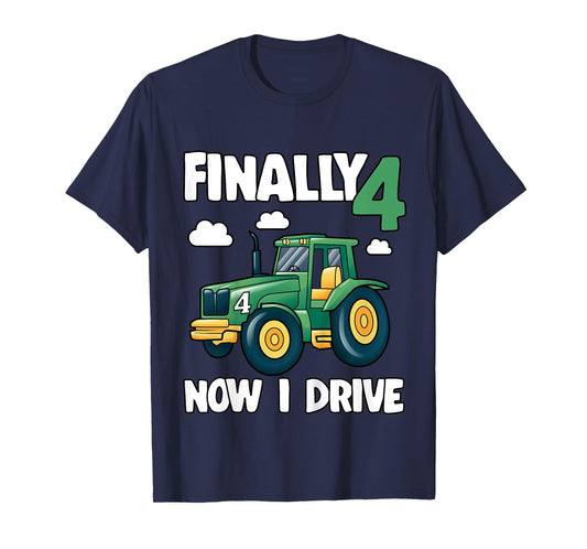 Kids Finally 4 Now I Drive 4th Birthday Party Boy Tractor Kids T-Shirt