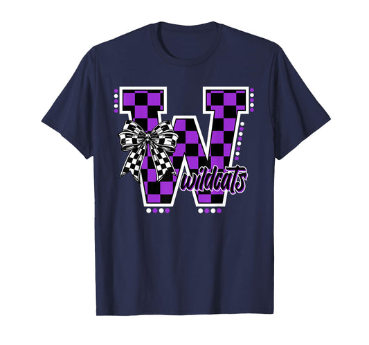 Wildcats Checkered Letter Purple Wildcat Pride School Spirit T-Shirt