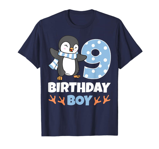 Penguin 9th Birthday Boy Winter Theme Party Celebration T-Shirt