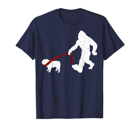 Funny Bigfoot Walking With Bulldog Dog Gifts T-Shirt