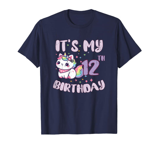 Its My 12th Birthday Unicorn Cat 12 Year Old Bday Girls Kids T-Shirt