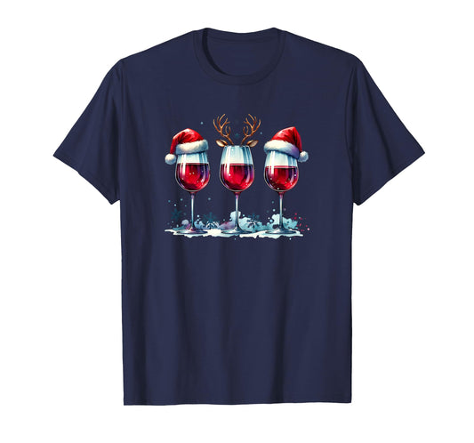 Christmas Wine Lover Reindeer Santa Hat Xmas Wine Womens T-Shirt