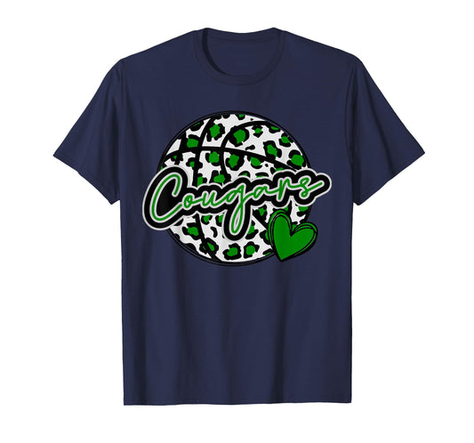 Leopard Cheetah Basketball COUGARS Green Spirit Game Tee T-Shirt