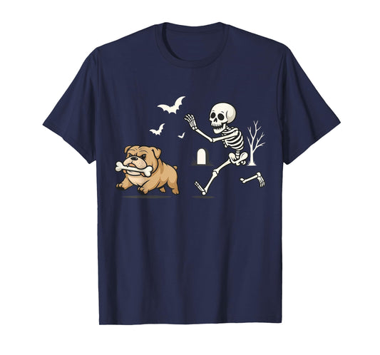 Funny Skeleton Chasing French Bulldog Halloween Skeleton Dog T-Shirt