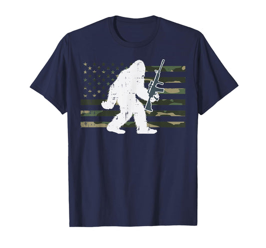 Bigfoot Sasquatch US Camo Flag Vintage Patriotic Men Women T-Shirt