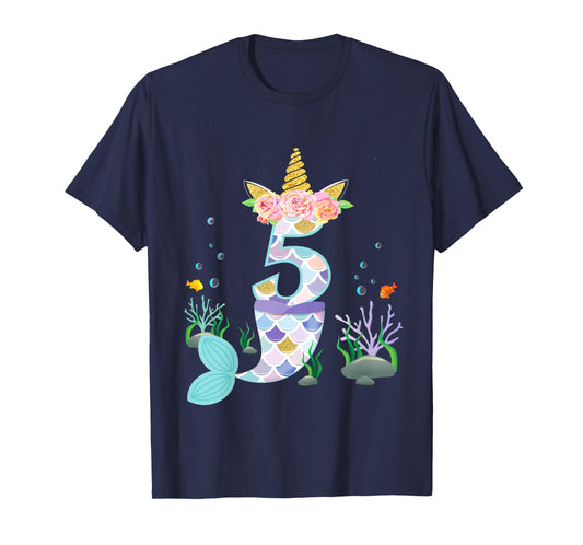 5 Year Old Unicorn Mermaid Birthday Theme Tail Girl 5th Gift T-Shirt