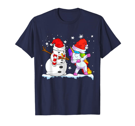 Unicorn Christmas Shirt Girls Women Santa Hat Snowman T-Shirt