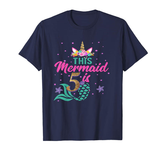 5th Birthday Girl Unicorn Shirt Mermaid Tail 5 Years Old T-Shirt