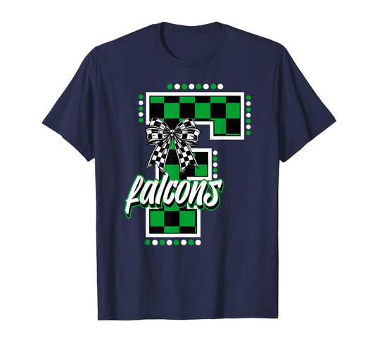 Falcons Checkered Letter School Spirit Mascot Green Game Day T-Shirt