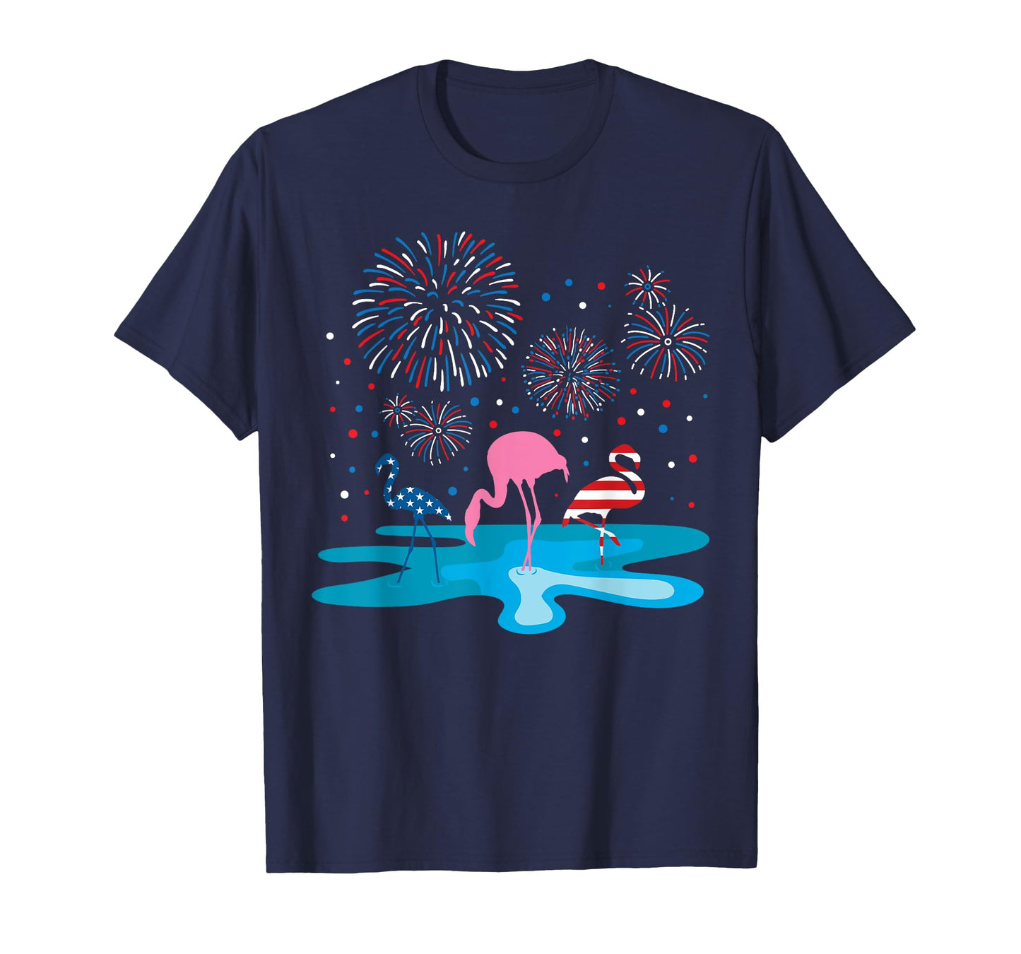 Flamingo 4th of July Fireworks Patriotic American USA Flag T-Shirt