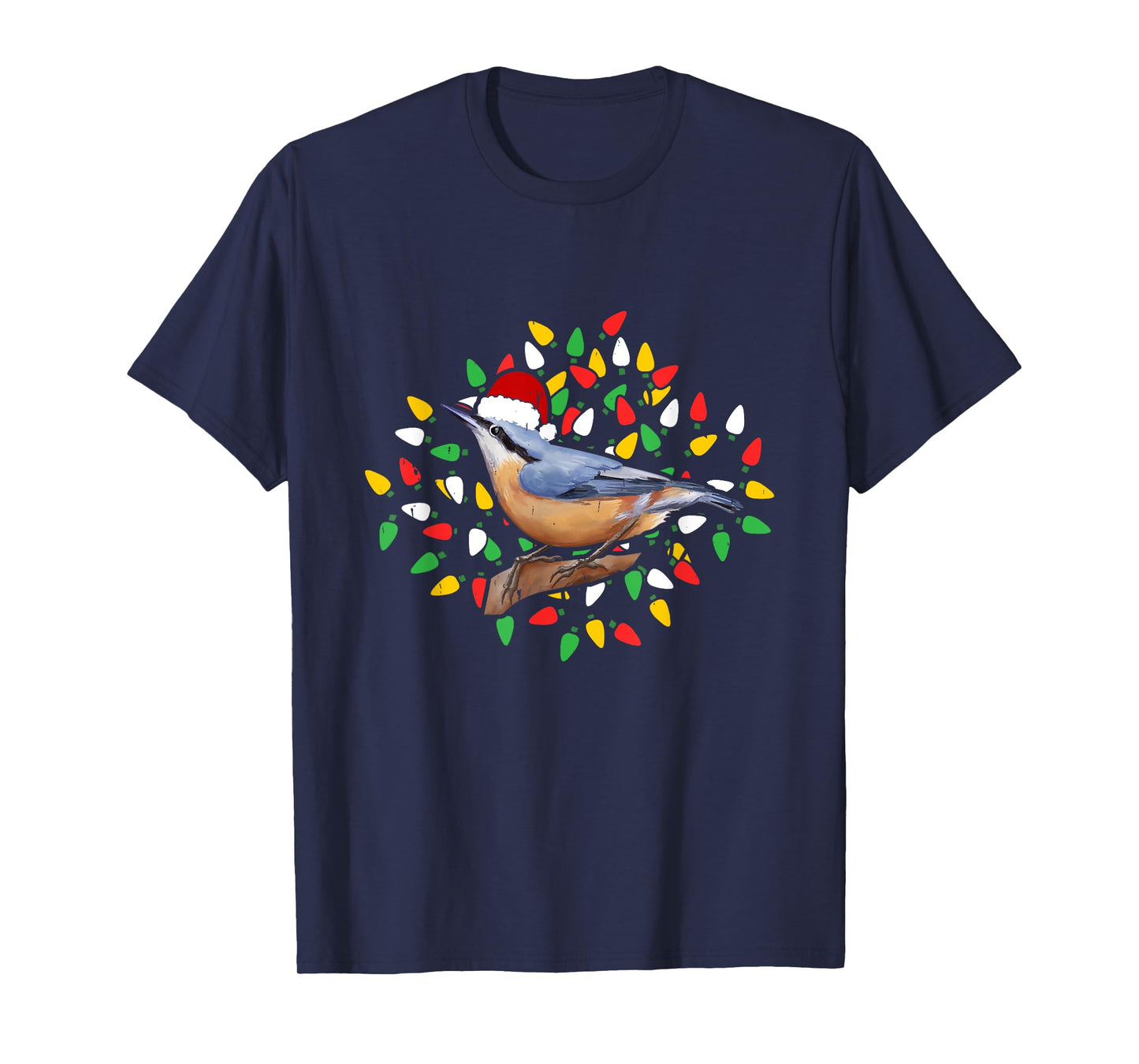 Holiday Xmas Lighting Santa Hat Red Breasted Nuthatch Bird T-Shirt