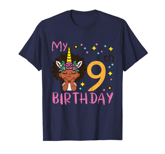 9th Birthday Afro Black Girl Unicorn 9 Year Old Bday Girls T-Shirt