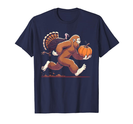 Bigfoot sasquatch with turkey and pumpkin for thanksgiving T-Shirt