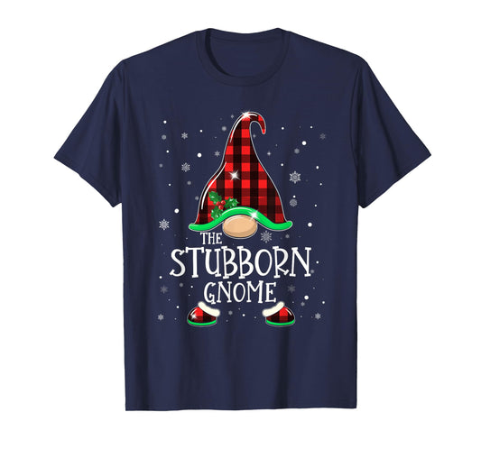 Funny STUBBORN Gnome Buffalo Plaid Matching Christmas Xmas T-Shirt