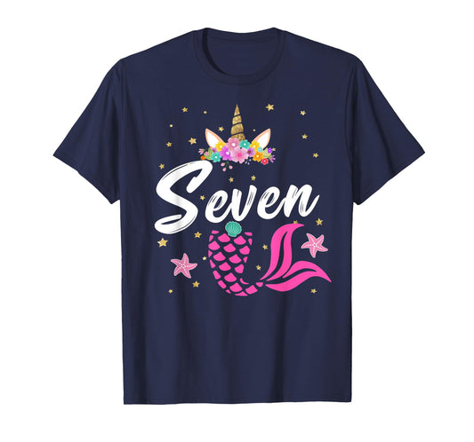 7th Birthday Girl Unicorn Shirt Mermaid Tail 7 Years Old T-Shirt
