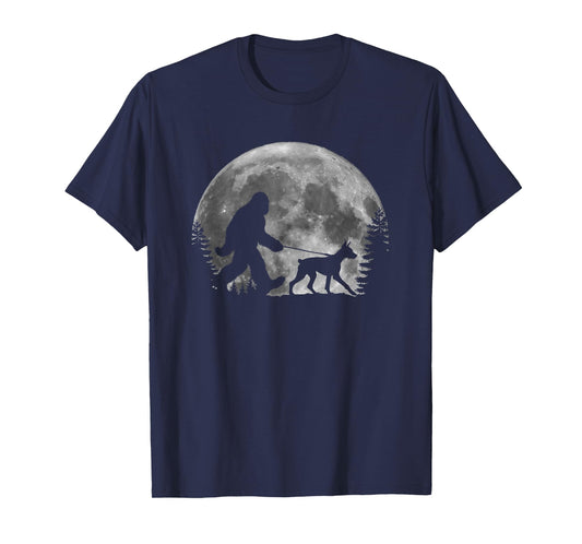 Bigfoot Walking a Dog Funny Doberman Pinscher Moon Halloween T-Shirt