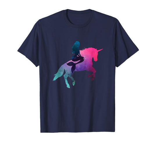 Galaxy Mermaid Riding Unicorn T-Shirt For Women And Kids T-Shirt
