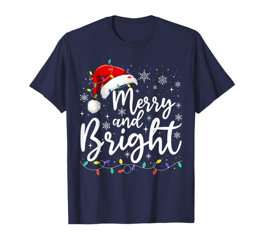 Merry and Bright Christmas Lights Santa Men Women Boys Girls T-Shirt