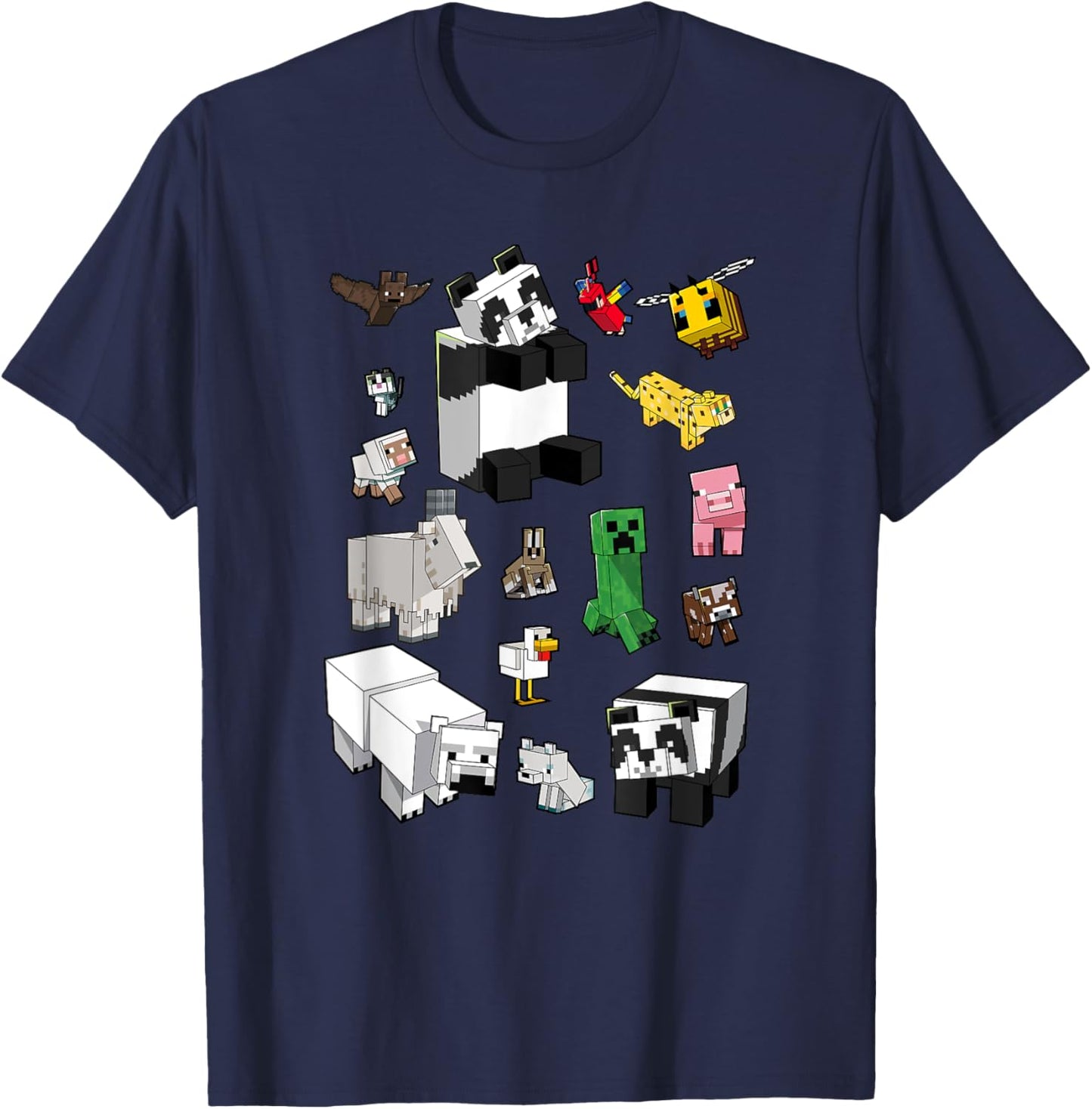 Minecraft Unisex Adults Kids T-Shirt, Blue, Small, Short Sleeve, Classic Fit, Cartoon Panda Graphic, Minecraft Overworld Mob Grid Poster T-Shirt