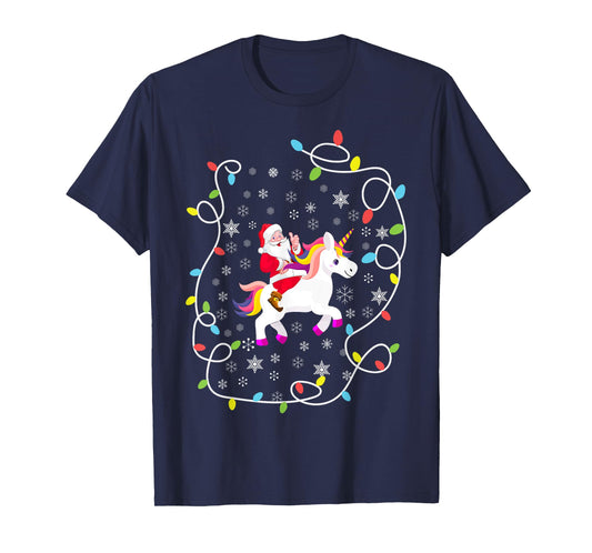 Santa Riding Unicorn Christmas Lights Merry Christmas Tree T-Shirt