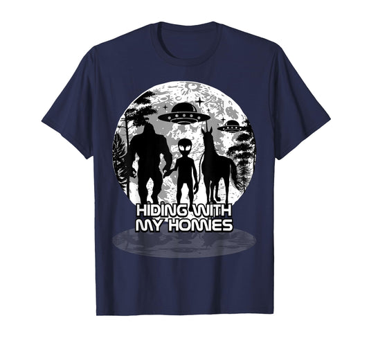 Bigfoot Alien Unicorn UFO Cryptids Hiding with my Homies T-Shirt