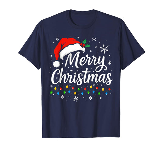 Merry Christmas Lights Red Santa Hat Xmas Family Matching T-Shirt