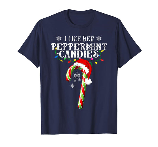 Family Christmas Happy Hallothanksmas I Like His Candy Cane I Like Her Peppermint Candies Unisex-Adults Couples Christmas Lovers Young Adults Black Small Crew Neck Modern Short Sleeve T-Shirt