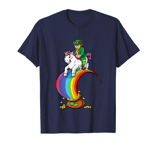 Leprechaun Riding Unicorn Over Rainbow & Pot of Gold T-Shirt