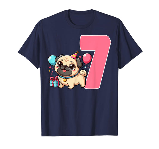 Pug 7 Years Old 7th Birthday Party Dog Lover Kids T-Shirt