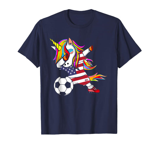 Funny Dabbing Unicorn USA Soccer - USA Flag Soccer T-Shirt