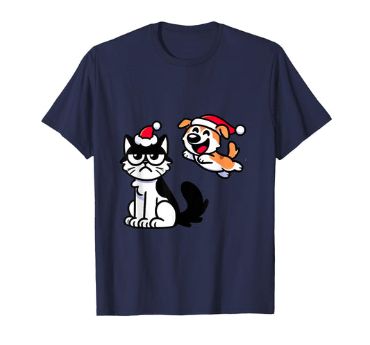 Funny Cat and dog Christmas shirt Santa Hat Xmas Outfit kids T-Shirt
