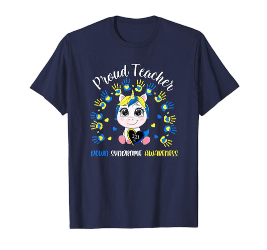 Proud Teacher Down Syndrome Awareness Blue Unicorn Outfit T-Shirt for Men Women