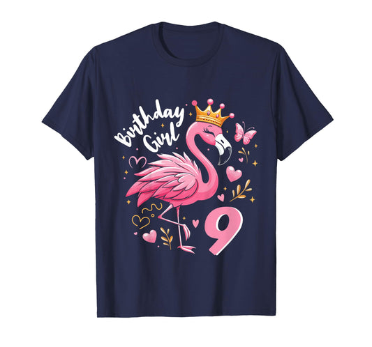 Kids 9th Birthday Gift Flamingo Fan 9 Year Old Girls 9th Bday T-Shirt