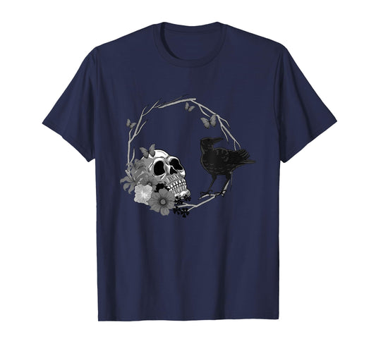 Floral Skull Death Crow Cool Scary Halloween Gothic Theme T-Shirt