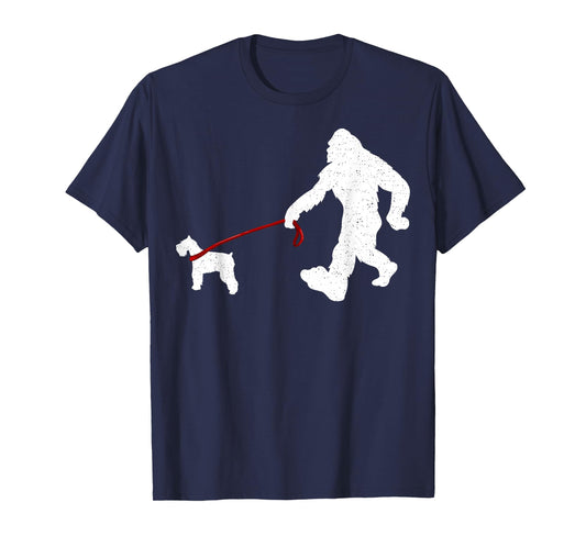 Funny Bigfoot Walking With Schnauzer Dog Gifts T-Shirt
